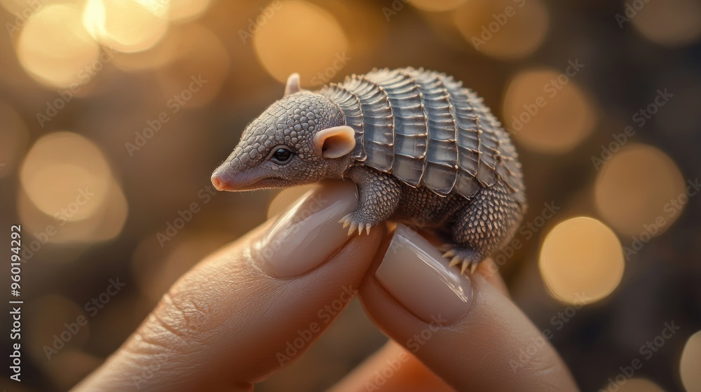 baby armadillo delicately perched on the tip of a hand finger baby armadillo delicately perched on the tip of a hand finger