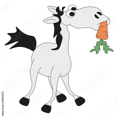 Weird horse with carrot isolated transparent background.  Trippy flat style horse. Vector illustration can used t-shirt print, clothes fabric decor. EPS 10