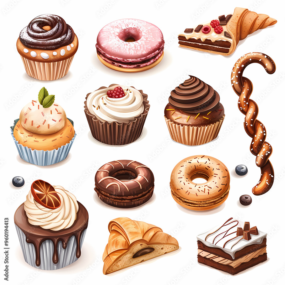 Various of sweets and desserts set and collection. chocolate cake, cupcakes, red velvet cake, apple pie, macarons, pretzel, donut, pastries, muffin, cookies, croissant. Bakery sweets isolated on white Various of sweets and desserts set and collection. chocolate cake, cupcakes, red velvet cake, apple pie, macarons, pretzel, donut, pastries, muffin, cookies, croissant. Bakery sweets isolated on white