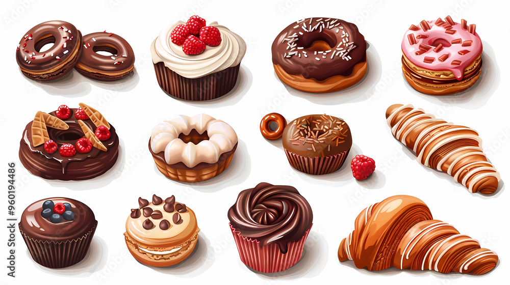 Various of sweets and desserts set and collection. chocolate cake, cupcakes, red velvet cake, apple pie, macarons, pretzel, donut, pastries, muffin, cookies, croissant. Bakery sweets isolated on white Various of sweets and desserts set and collection. chocolate cake, cupcakes, red velvet cake, apple pie, macarons, pretzel, donut, pastries, muffin, cookies, croissant. Bakery sweets isolated on white