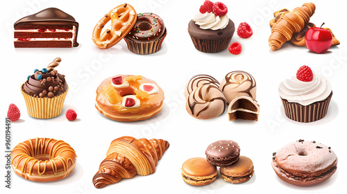 Various of sweets and desserts set and collection. chocolate cake, cupcakes, red velvet cake, apple pie, macarons, pretzel, donut, pastries, muffin, cookies, croissant. Bakery sweets isolated on white