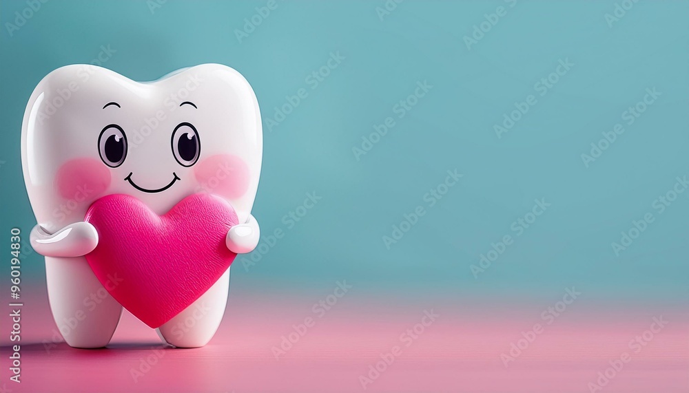 Fototapeta premium かわいい歯のキャラクターとハートとコピースペース(Cute tooth character with heart and copy space.)