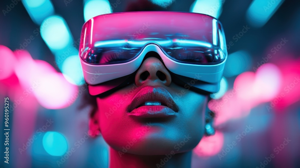 A person wearing a virtual reality headset viewed from behind amidst a backdrop of vibrant, neon blue and pink blurred lights, showcasing modern technology. A person wearing a virtual reality headset viewed from behind amidst a backdrop of vibrant, neon blue and pink blurred lights, showcasing modern technology.