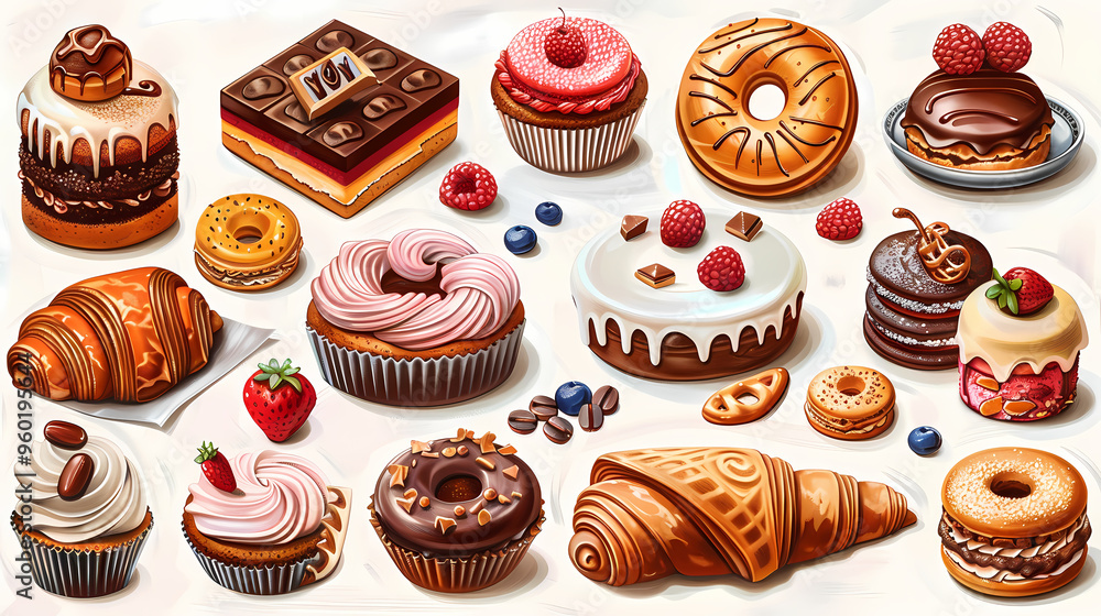 Various of sweets and desserts set and collection. chocolate cake, cupcakes, red velvet cake, apple pie, macarons, pretzel, donut, pastries, muffin, cookies, croissant. Bakery sweets isolated on white Various of sweets and desserts set and collection. chocolate cake, cupcakes, red velvet cake, apple pie, macarons, pretzel, donut, pastries, muffin, cookies, croissant. Bakery sweets isolated on white