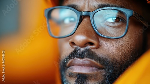 A close-up image of a person wearing glasses with a blue frame set against a bright orange background, highlighting the contrasts and giving a bold visual impact.