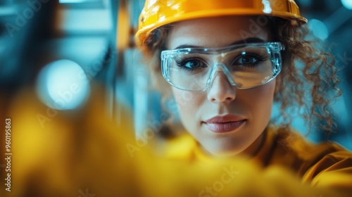 A determined female construction worker wearing a yellow hard hat and safety glasses is portrayed in a close-up, showcasing the importance of safety and dedication in the construction industry.