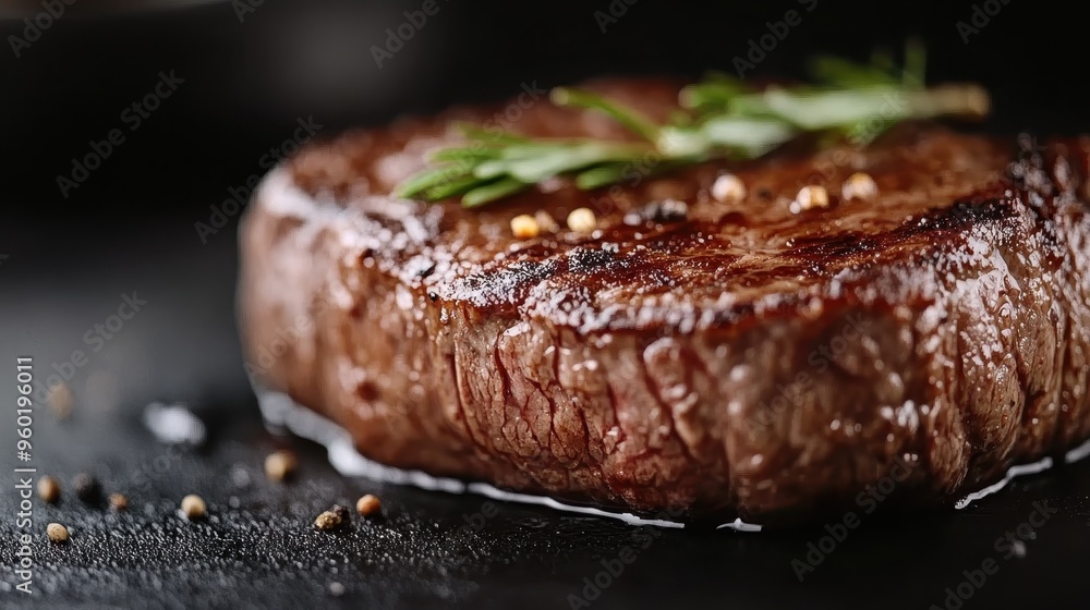 A close-up view of a juicy, perfectly grilled steak garnished with rosemary and peppercorns, showcasing the savory, mouthwatering appeal of this classic dish, catered for food enthusiasts and connois A close-up view of a juicy, perfectly grilled steak garnished with rosemary and peppercorns, showcasing the savory, mouthwatering appeal of this classic dish, catered for food enthusiasts and connois