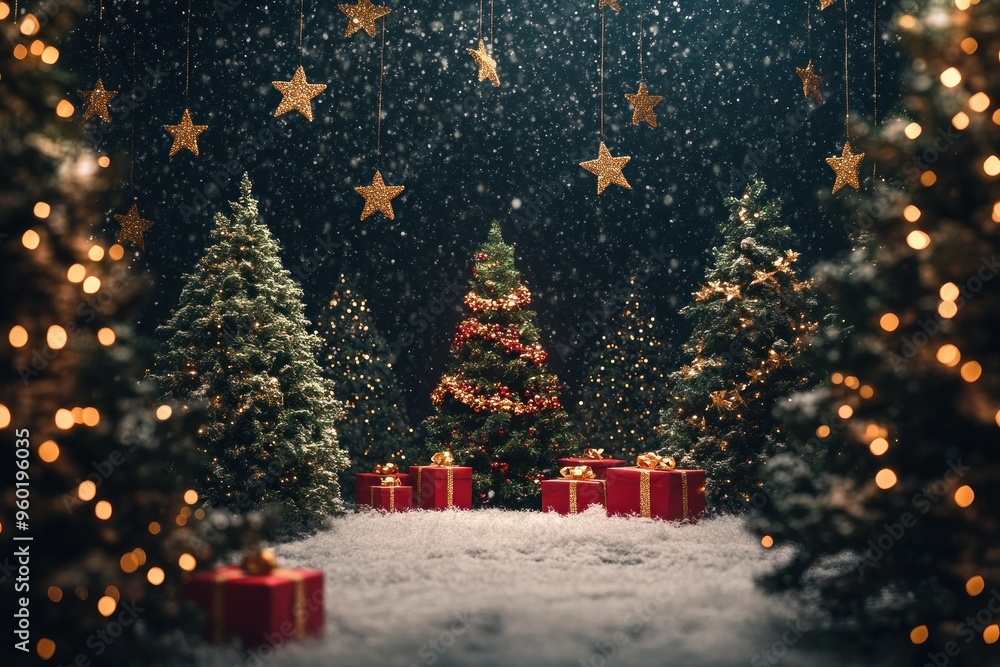 Obraz premium Christmas Trees, Snow, and Gifts Under a Starry Night