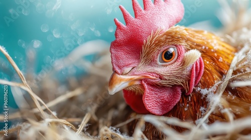 A detailed close-up image of a chicken nestled in straw, showcasing the vibrant red comb and feathers with a blurred, bokeh background effect, capturing a serene farm moment.
