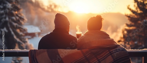A couple wrapped in a cozy blanket on a balcony, sipping coffee while watching the sunrise over a winter landscape