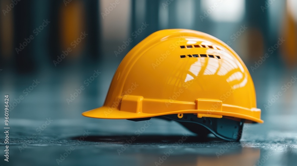 A clean, bright yellow hard hat catches reflections of light as it rests on a shiny blue floor, symbolizing safety and modernity in a well-maintained industrial environment. A clean, bright yellow hard hat catches reflections of light as it rests on a shiny blue floor, symbolizing safety and modernity in a well-maintained industrial environment.