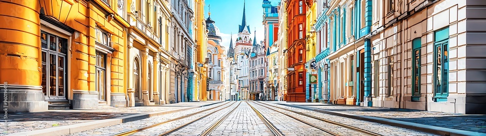 Fototapeta premium Vibrant city street with historical architecture, colorful buildings, and clear blue sky, inviting exploration and discovery.