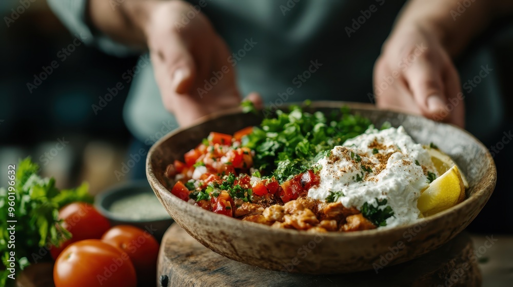 A Middle Eastern mezze platter featuring a variety of fresh sides such as chopped tomatoes, parsley, and a creamy cheese dip, garnished with a slice of lemon for added zest. A Middle Eastern mezze platter featuring a variety of fresh sides such as chopped tomatoes, parsley, and a creamy cheese dip, garnished with a slice of lemon for added zest.