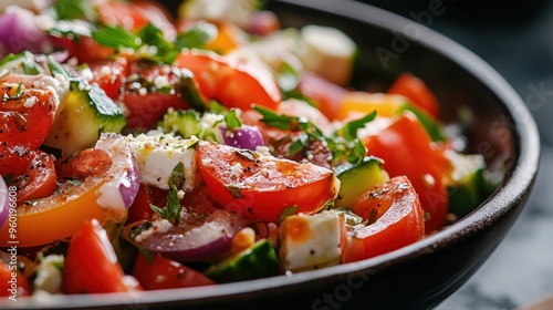 A tempting Greek salad with an assortment of fresh and colorful vegetables creatively arranged and dotted with feta cheese cubes, evoking the essence of health and Mediterranean cuisine.