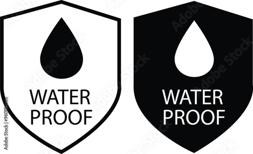 Waterproof icons. Waterproof. Collection of water-resistant signs. Water protection, liquid proof protection. Shield with water drop. Anti wetting material, hydrophobic fabric, surface protection.