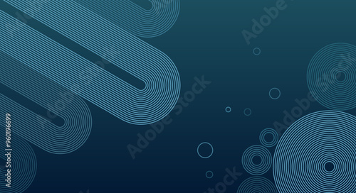 Classic, Retro, Modern Abstract dark blue-green turquoise gradient background with geometric pattern concentrical lines, and circles. Technology vector background with parallel lines, circles, bubbles