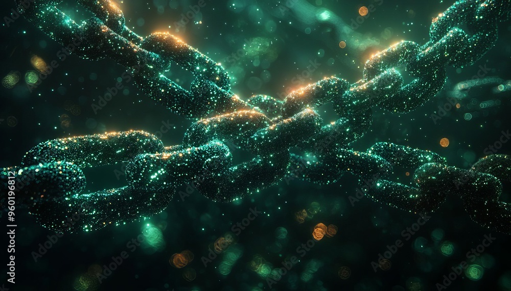 Obraz premium An abstract image showcasing interconnected chains with glowing particles, evoking a sense of unity and strength in design.