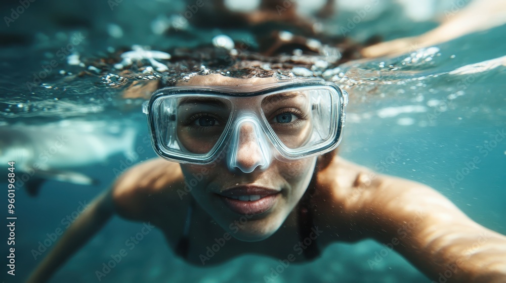 Naklejka premium A captivating underwater shot featuring a woman in swimming goggles surrounded by bubbles, highlighting the grace and adventure of underwater sports and exploration.