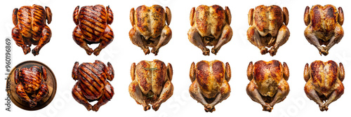 Roasted and BBQ chicken top view full length on transparency background PNG