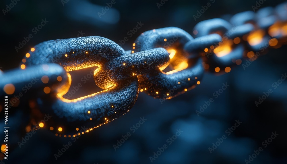 Close-up view of a gleaming chain with vibrant glowing links, showcasing intricate details and a mystical atmosphere. Close-up view of a gleaming chain with vibrant glowing links, showcasing intricate details and a mystical atmosphere.
