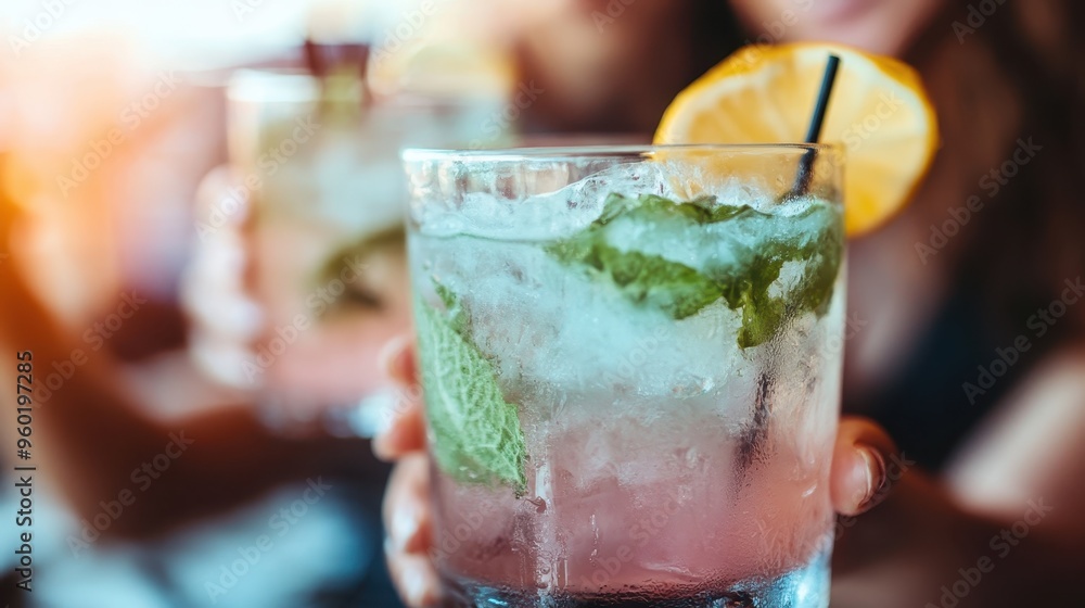 Close-up shot of a refreshing cocktail with a lemon wedge garnish held by a person, capturing the vibrant colors and cool, inviting nature of the drink for a lively atmosphere.