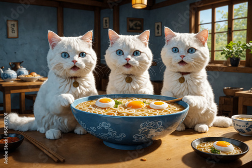 Three cute little white kittens are sitting on the kitchen table waiting for egg ramen served in porcealin bowl. Artistic illustration photo