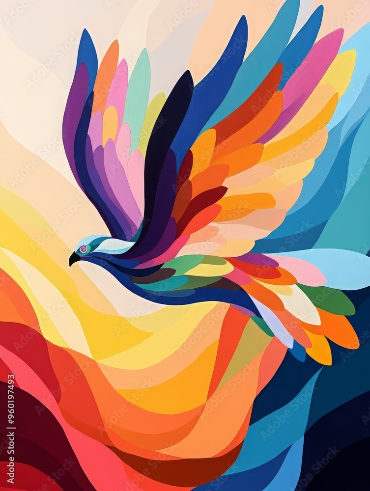 A vibrant abstract painting of a bird soaring through colorful waves, symbolizing freedom and creativity. A vibrant abstract painting of a bird soaring through colorful waves, symbolizing freedom and creativity.