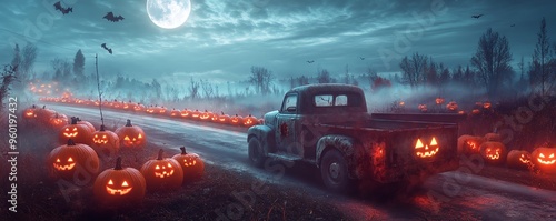 A spooky night scene featuring a vintage truck alongside glowing jack-o'-lanterns under a full moon and dark, cloudy sky.