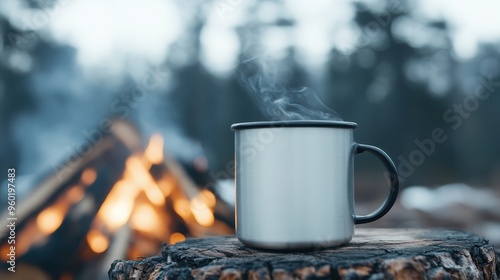 A scenic image focusing on a steaming metal mug situated on rough wooden surface, with a softly blurred, crackling campfire in the background, bringing warmth and tranquility. photo