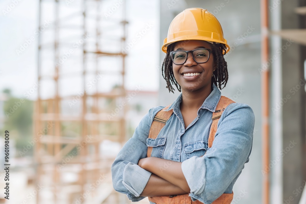A smiling middle-aged African-American woman, a worker in a construction helmet with crossed arms against the background of a construction site, a builder A smiling middle-aged African-American woman, a worker in a construction helmet with crossed arms against the background of a construction site, a builder