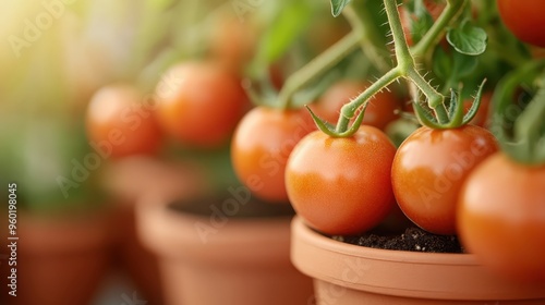 Lush, healthy tomatoes hanging on their vines in individual terracotta pots, representing the rewards of careful cultivation and the beauty of organic home gardening. photo