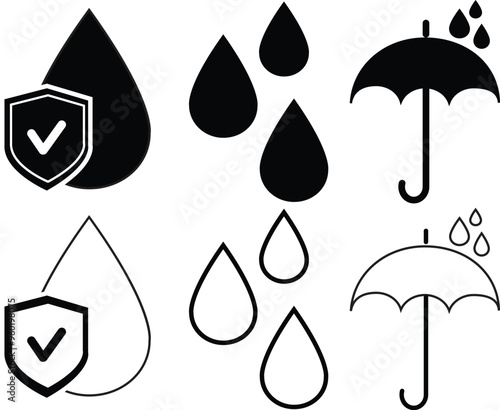 Waterproof icons. Waterproof. Collection of water-resistant signs. Water protection, liquid proof protection. Shield with water drop. Anti wetting material, hydrophobic fabric, surface protection.