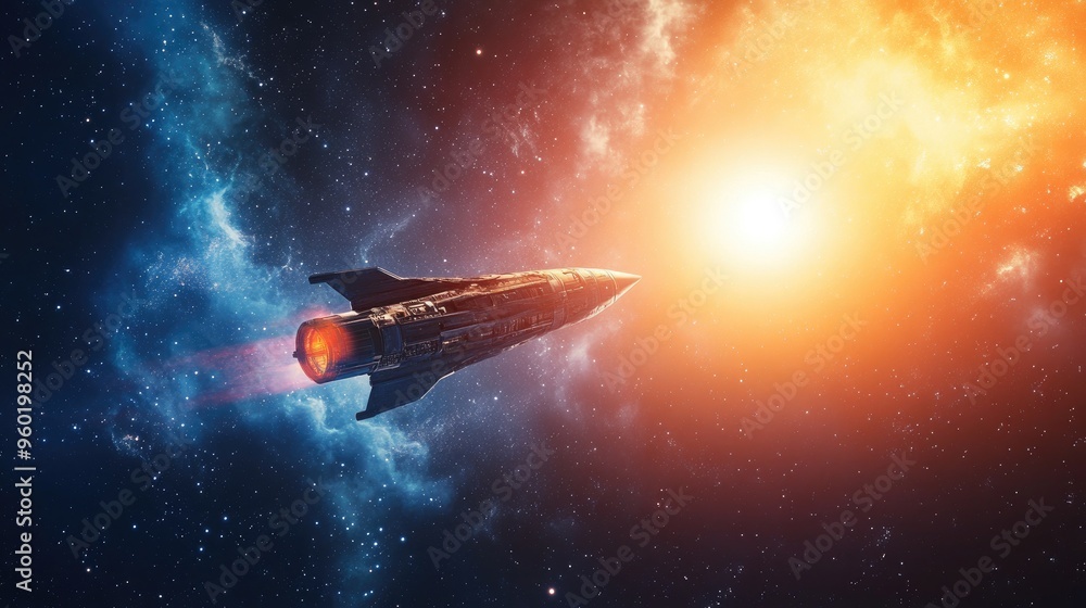 Spaceship flying towards a distant star, embodying adventure and the future of space travel. Spaceship flying towards a distant star, embodying adventure and the future of space travel.