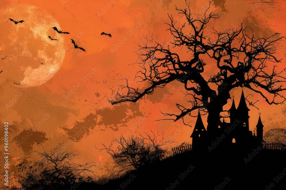 Halloween background. Silhouette of an ancient castle. Creepy shadows of trees. Halloween background. Silhouette of an ancient castle. Creepy shadows of trees.