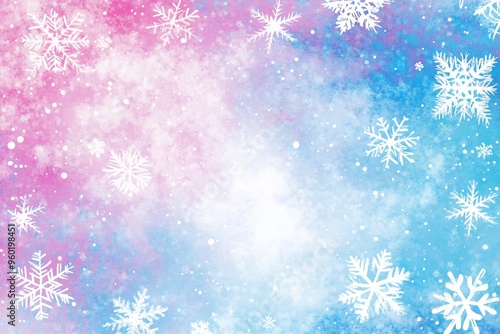 blue and pink background with white snowflakes