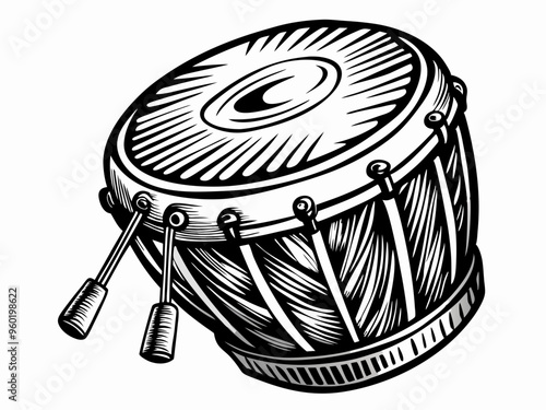 Agogo percussion musical instrument vector illustration isolated. Folk Brasil instrument ink hand drawn. Ethnic drum of Latin America. Black white element for postcard, brochure, poster, textbook 

