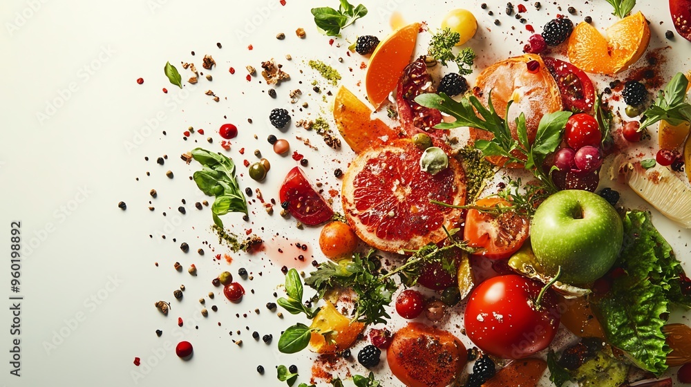 A Scattered Arrangement of Fresh Fruit, Vegetables, and Spices A Scattered Arrangement of Fresh Fruit, Vegetables, and Spices