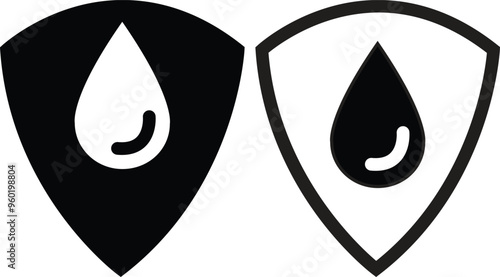 Waterproof icons. Waterproof. Collection of water-resistant signs. Water protection, liquid proof protection. Shield with water drop. Anti wetting material, hydrophobic fabric, surface protection.
