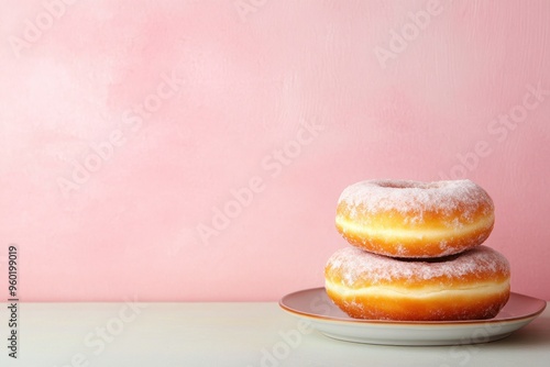 Two Sugar-Dusted Donuts on a Plate Against a Pink Background photo