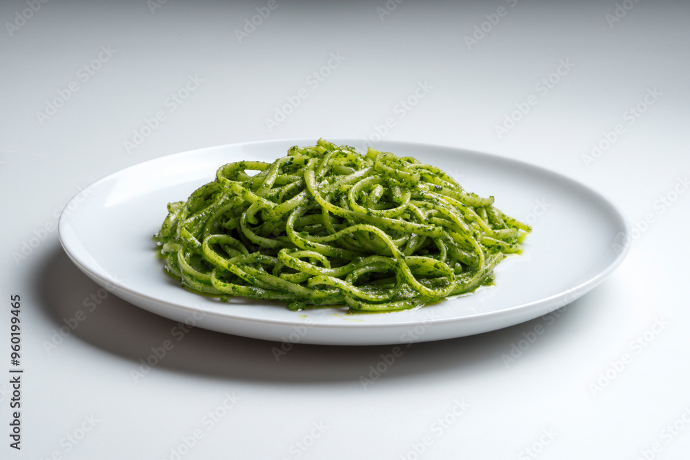 Dish with linguine with Genoese pesto sauce Dish with linguine with Genoese pesto sauce