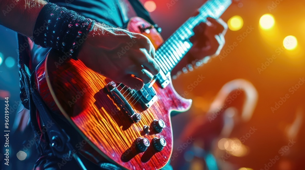 Obraz premium Strumming an electric guitar during a rock concert, with the focus on the musician's hand and the dynamic energy of the performance.