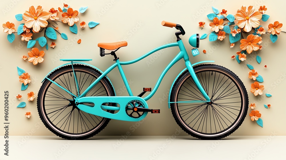 Fototapeta premium A vibrant turquoise bicycle against a floral backdrop, showcasing a playful blend of color and design.