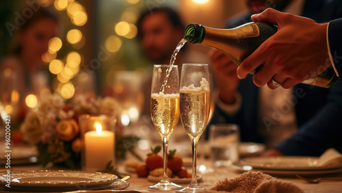 Close up of a man's hand pouring champagne into a pair of crystal flutes against a festive, elegant golden bokeh background.