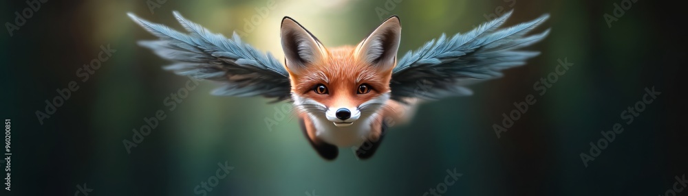 Fototapeta premium A whimsical illustration of a flying fox with wings, set against a magical forest backdrop, sparking imagination and wonder.