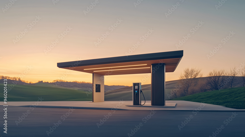 A modern, minimalist charging station in a peaceful, scenic countryside. A modern, minimalist charging station in a peaceful, scenic countryside.