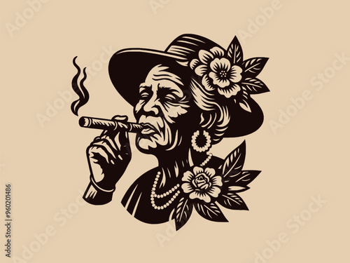 An elderly Caribbean Cuban woman smokes a cigar. Vintage retro illustration. Emblem, logo, print. Black and white