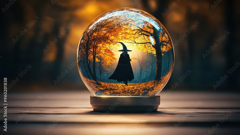 Crystal ball, reflecting a witchs shadowy figure, 3D illustration Crystal ball, reflecting a witchs shadowy figure, 3D illustration