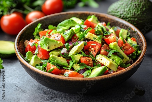 Bowl of healthy vegetarian salad with avocado, cherry tomatoes, and fresh herbs, close-up on dark background