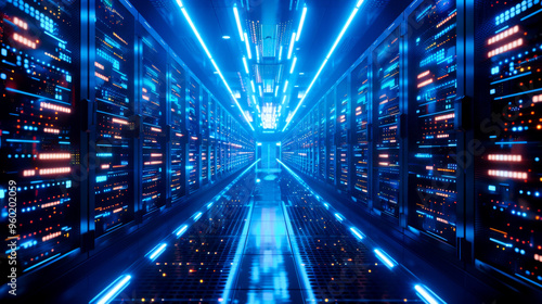 Futuristic server room with rows of servers and blue lighting creates high tech atmosphere.