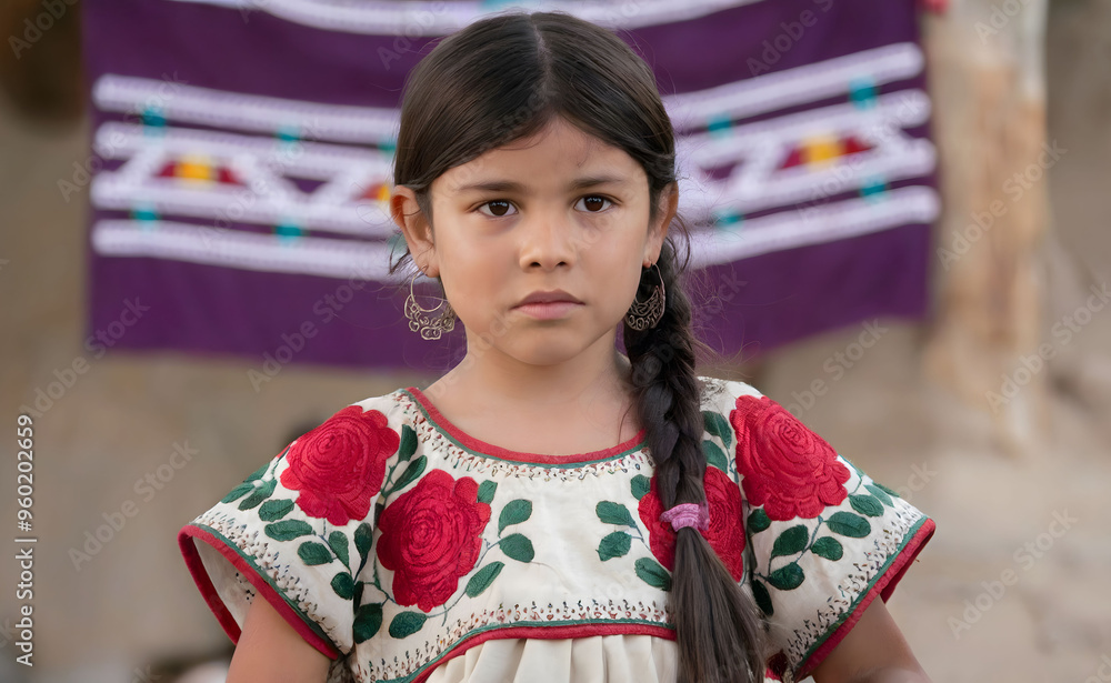 Young Hispanic Girl in Traditional Embroidered Dress with Braids and Serious Expression Young Hispanic Girl in Traditional Embroidered Dress with Braids and Serious Expression
